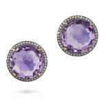 A PAIR OF AMETHYST AND DIAMOND CLUSTER EARRINGS in 14ct yellow gold, each set with a round facete...
