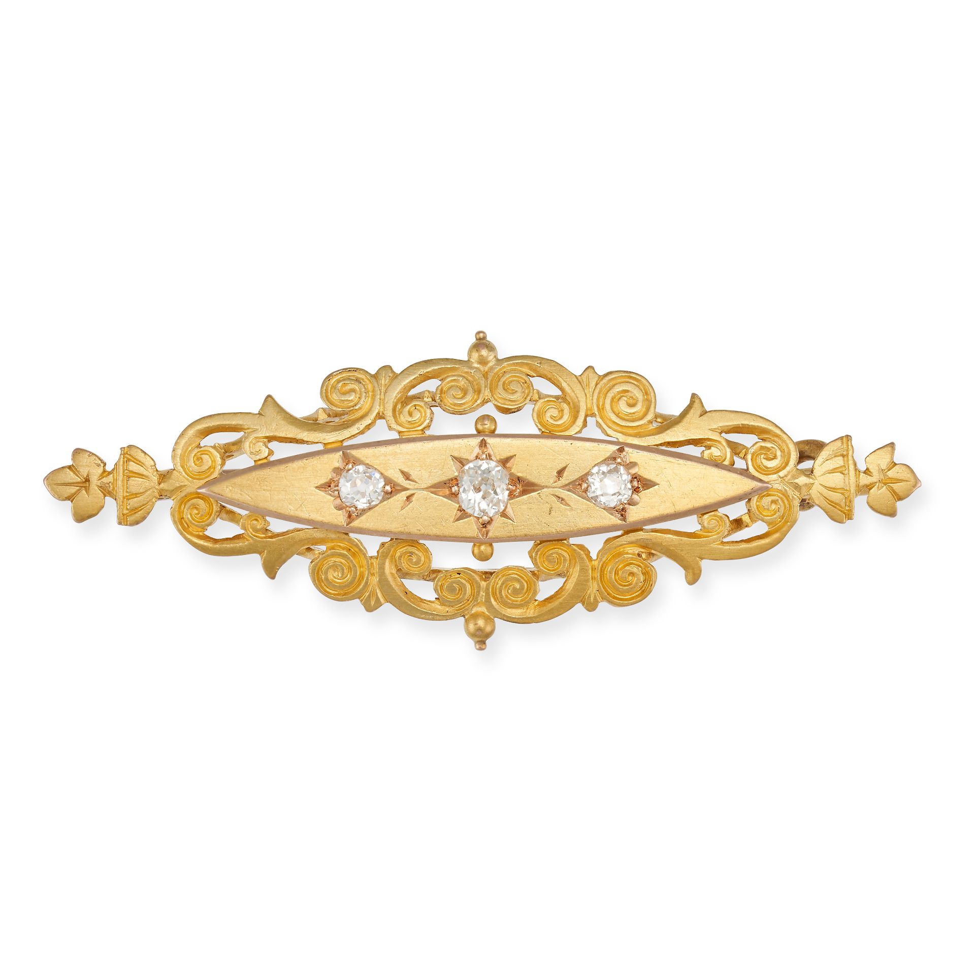 AN ANTIQUE DIAMOND BROOCH in 15ct yellow gold, the navette shaped brooch set with old cut diamond...