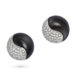 A PAIR OF ONYX AND DIAMOND EARRINGS in 18ct white gold, each designed as yin and yang, one half p...