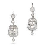 A PAIR OF DIAMOND DROP EARRINGS in white gold, each comprising a row of round brilliant cut diamo...