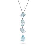 AN AQUAMARINE NECKLACE in 18ct white gold, the pendant set with a row of octagonal step, marquise...