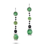 A PAIR OF JADEITE JADE, ONYX AND DIAMOND DROP EARRINGS in white gold, each comprising a row of ja...