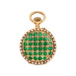 AN ANTIQUE SWISS PEARL, DIAMOND AND ENAMEL FOB WATCH in 18ct yellow gold, the white enamel dial w...