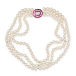 HANDARBEIT, A RUBY, DIAMOND AND PEARL NECKLACE in 18ct white gold, comprising three rows of pearl...