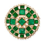 A GREEN PASTE BROOCH in 9ct yellow gold, the circular openwork brooch set throughout with square ...