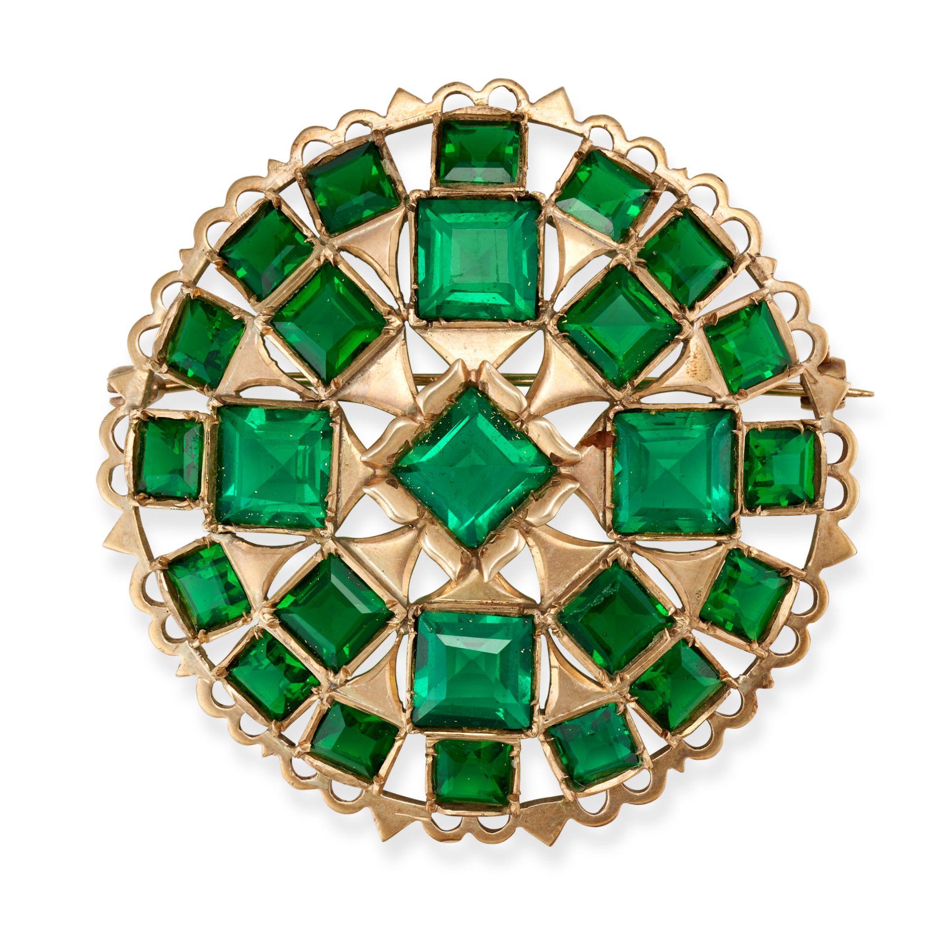 A GREEN PASTE BROOCH in 9ct yellow gold, the circular openwork brooch set throughout with square ...