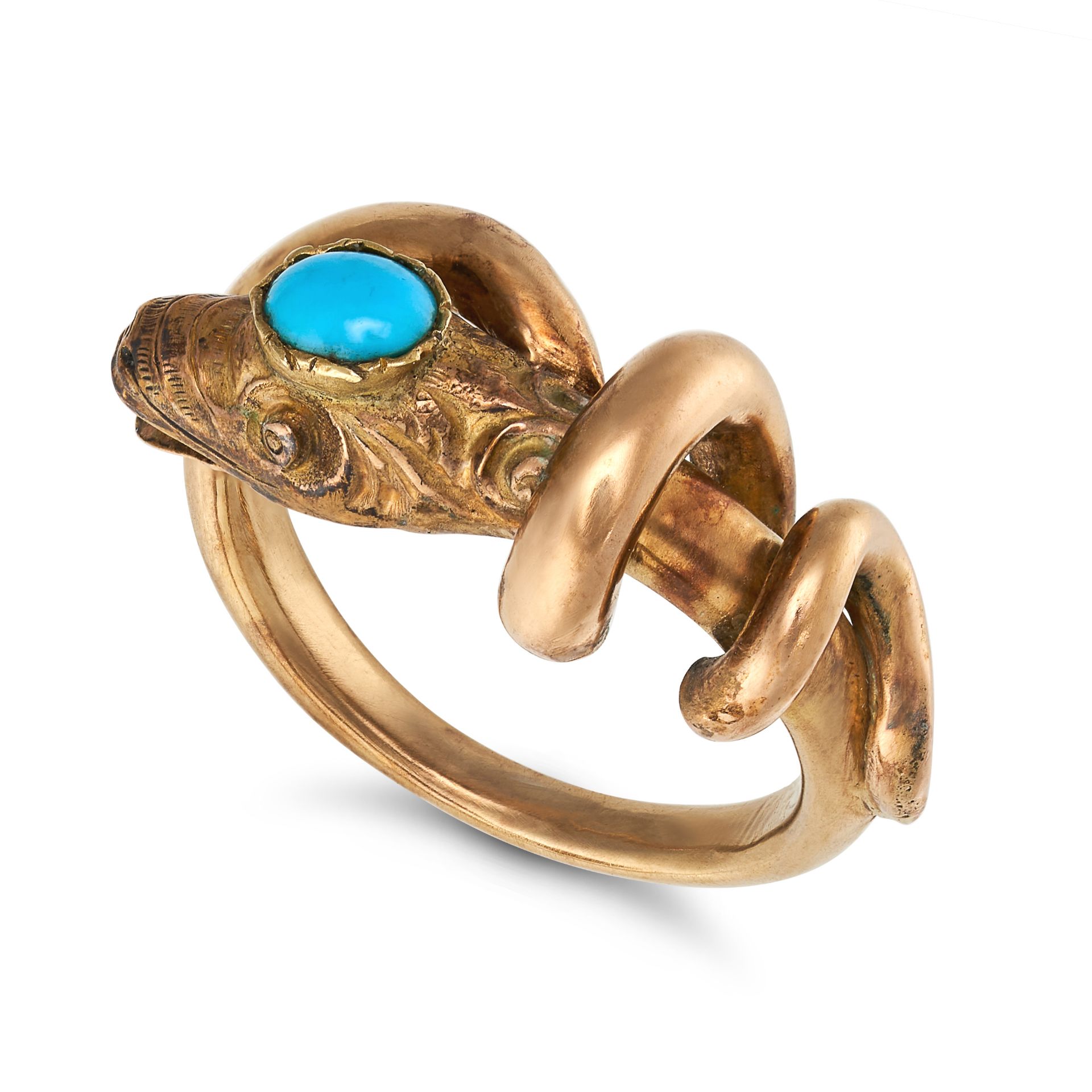 A TURQUOISE SNAKE RING in yellow gold, designed as a coiled snake, the head set with a cabochon t... - Bild 2 aus 2