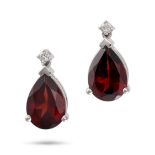 A PAIR OF GARNET AND DIAMOND DROP EARRINGS in 18ct white gold, each set with a round cut diamond ...