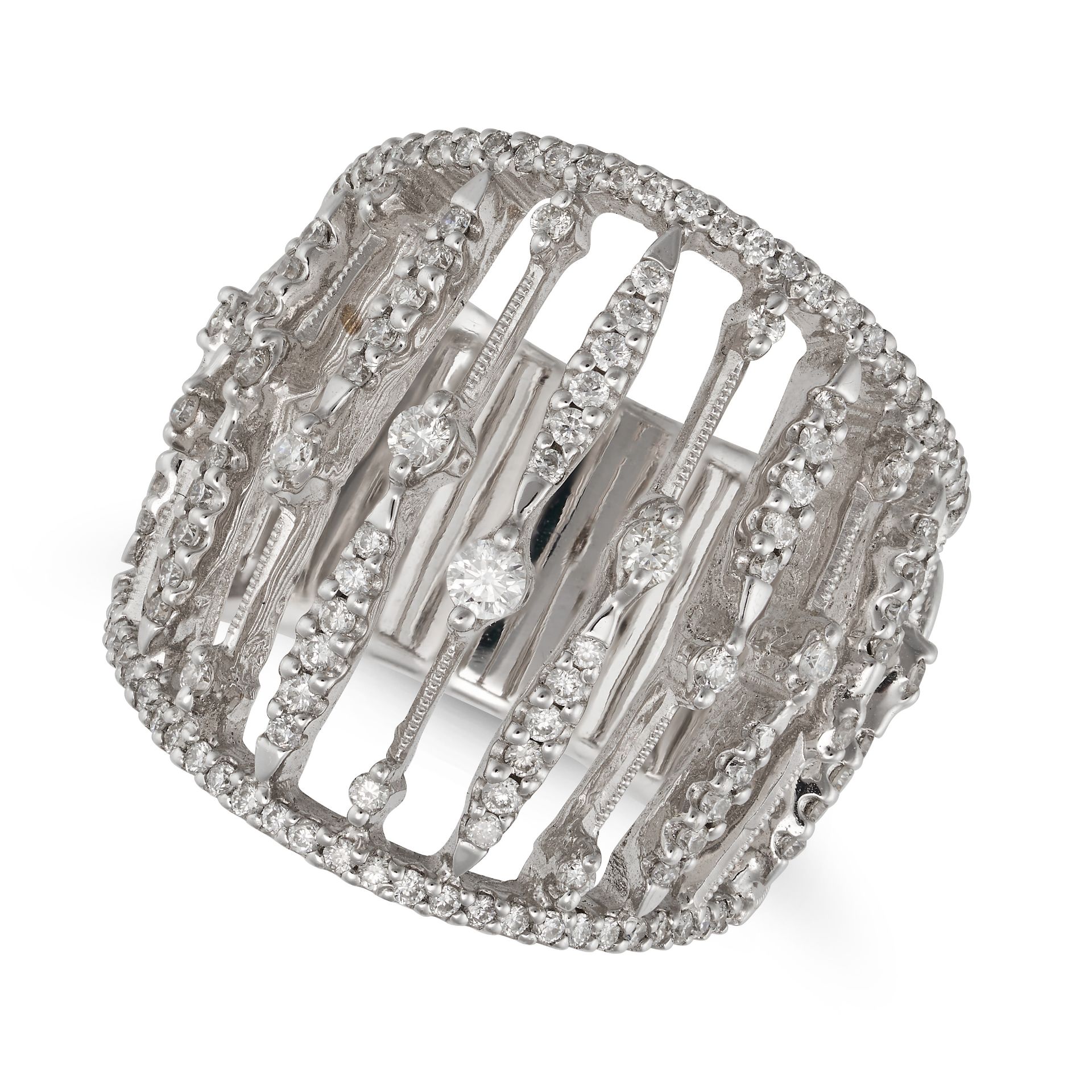 A DIAMOND DRESS RING in 18ct white gold, the openwork bombe ring set with round brilliant cut dia...