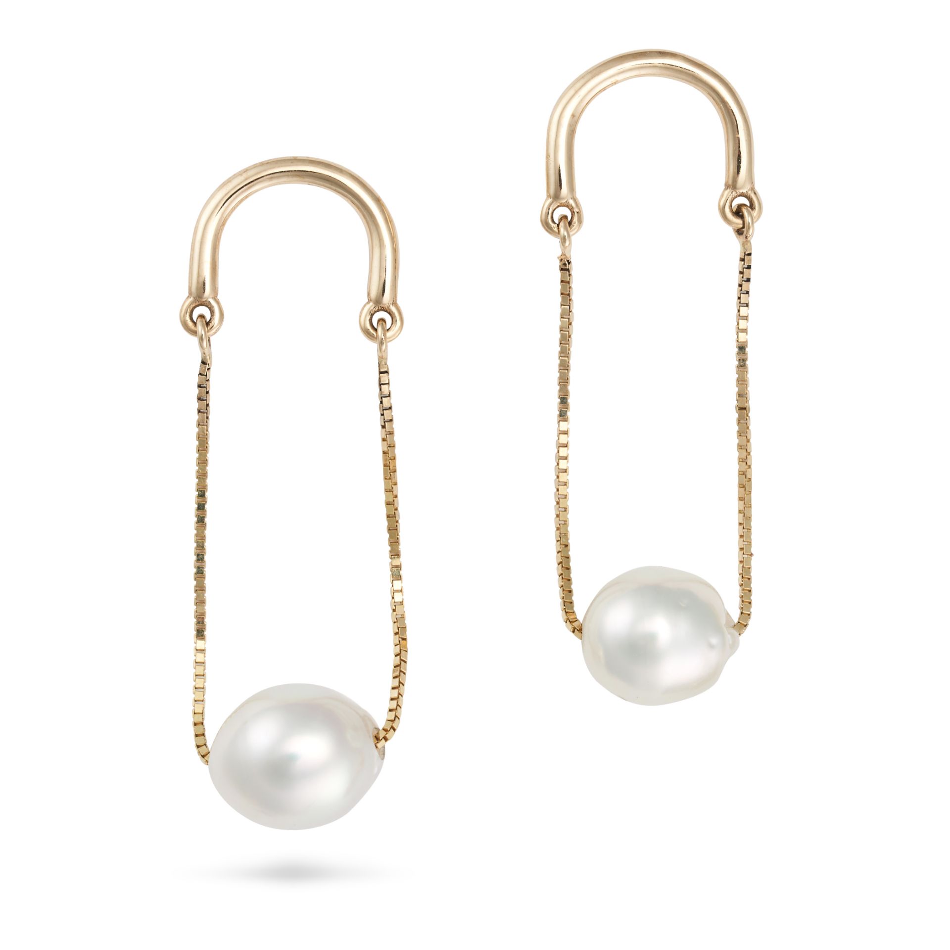 A PAIR OF PEARL DROP EARRINGS in 9ct yellow gold, comprising two rows of box chain suspending a p...