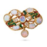 AN ANTIQUE OPAL, DIAMOND AND ENAMEL BROOCH in yellow gold, the scrolling brooch set with oval and...