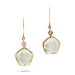 A PAIR OF DIAMOND AND PRASIOLITE DROP EARRINGS in 18ct yellow gold, each set with a rose cut diam...