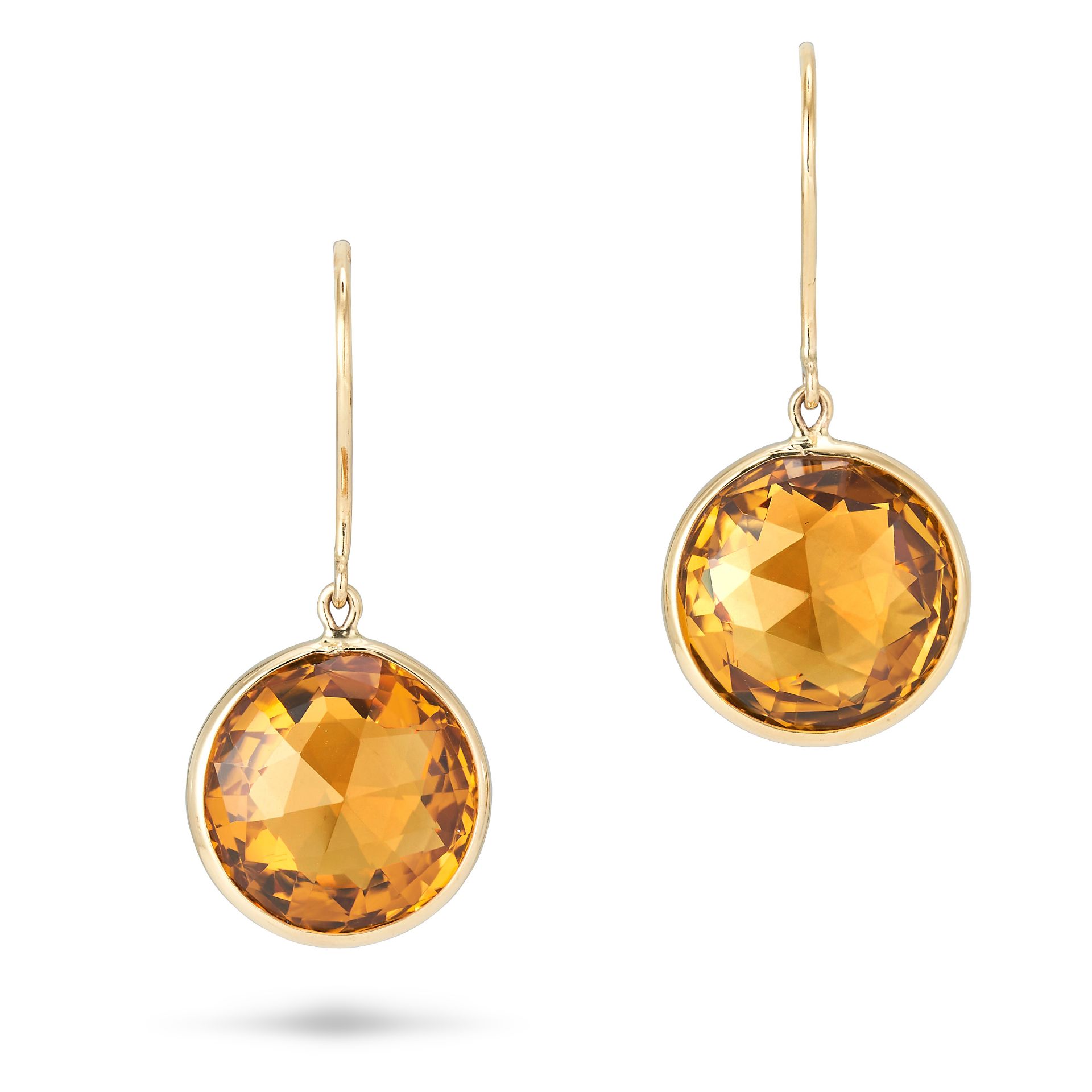 A PAIR OF CITRINE EARRINGS in 18ct yellow gold, each set with a round faceted citrine, stamped 18...