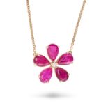 A RUBY AND DIAMOND FLOWER PENDANT NECKLACE in 14ct yellow gold, the pendant set with a round cut ...