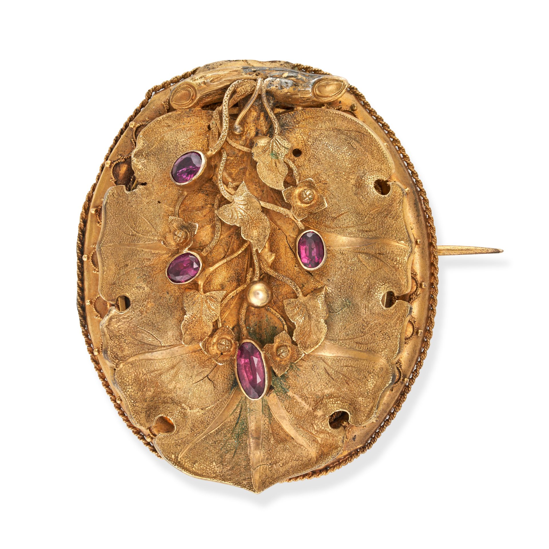 AN ANTIQUE GARNET LOCKET BROOCH in 15ct yellow gold, the oval body with applied vine motifs, acce...