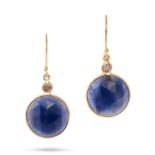 A PAIR OF SAPPHIRE AND DIAMOND DROP EARRINGS in 18ct yellow gold, each set with a round brilliant...