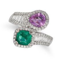 A PINK SAPPHIRE, EMERALD AND DIAMOND RING in 18ct white gold, the crossover band set with a pear ...