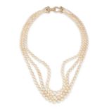 A FINE THREE ROW NATURAL SALTWATER PEARL AND DIAMOND NECKLACE in yellow gold, comprising three ro...