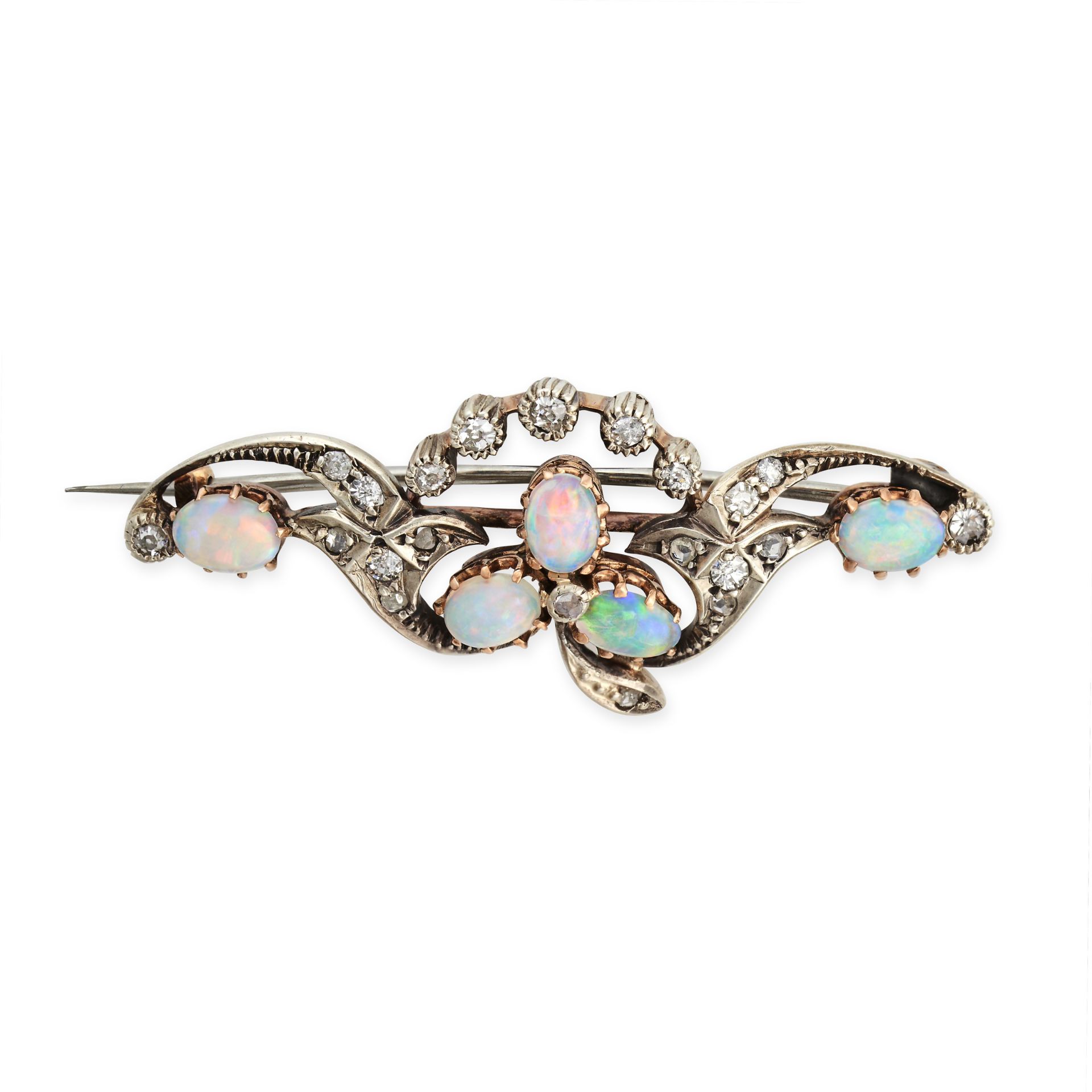 AN ANTIQUE OPAL AND DIAMOND BROOCH, 19TH CENTURY in yellow gold and silver, comprising a clover m...
