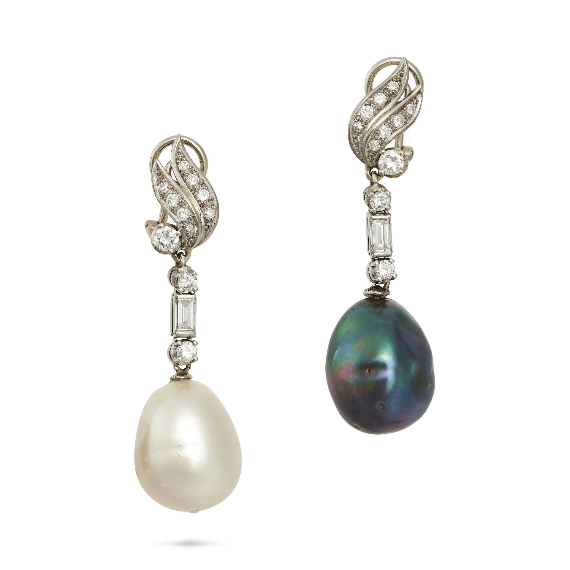 A PAIR OF DAY AND NIGHT PEARL AND DIAMOND DROP EARRINGS in 18ct white gold, set with round brilli...