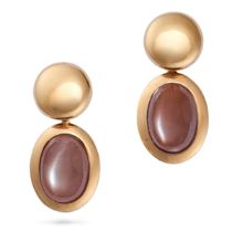 A PAIR OF MOONSTONE DROP EARRINGS in 18ct rose gold, each comprising a gold top suspending a brow...