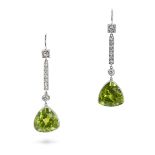 A PAIR OF PERIDOT AND DIAMOND DROP EARRINGS in white gold, each comprising a row of round brillia...