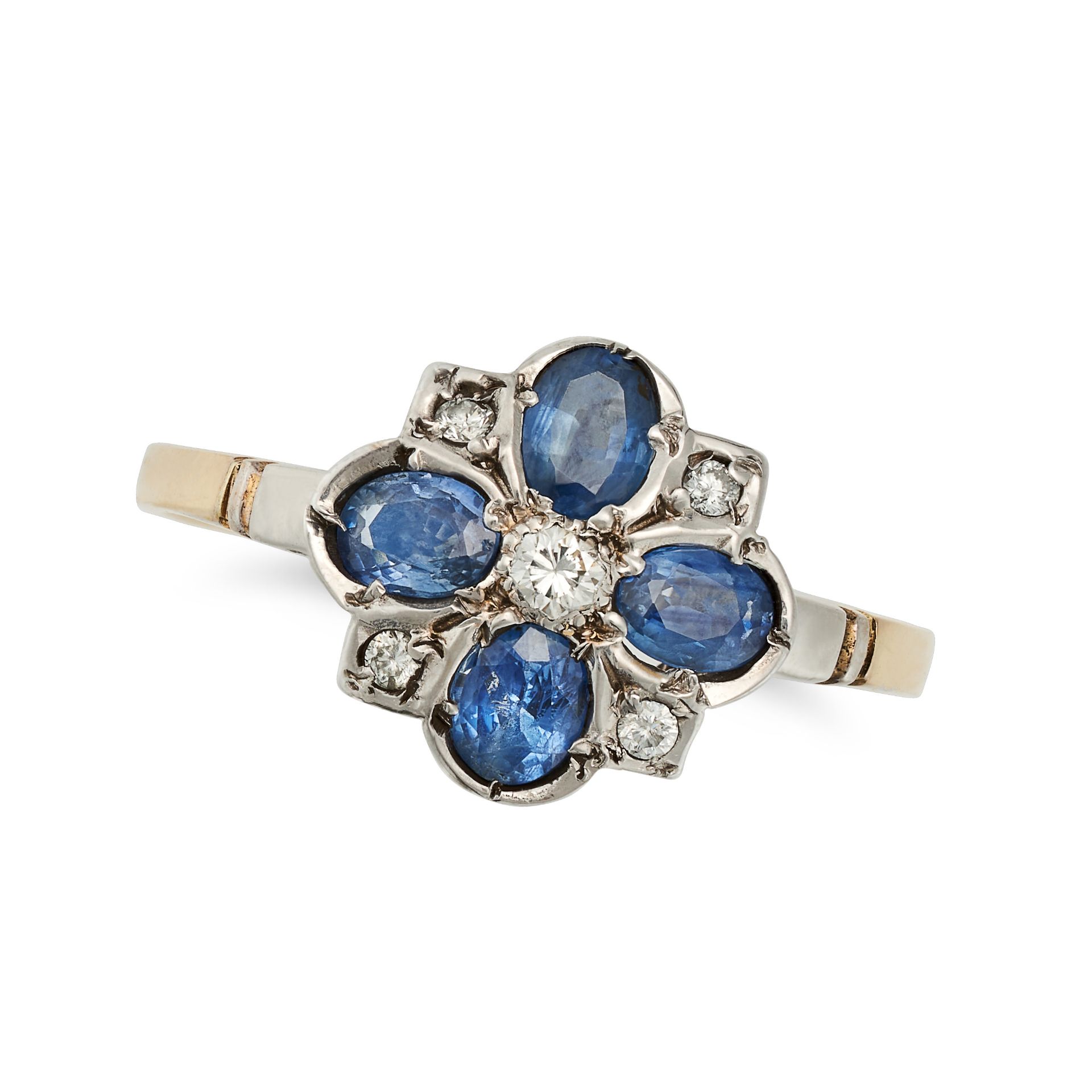 A SAPPHIRE AND DIAMOND CLUSTER RING in 18ct yellow and white gold, set with a round brilliant cut...