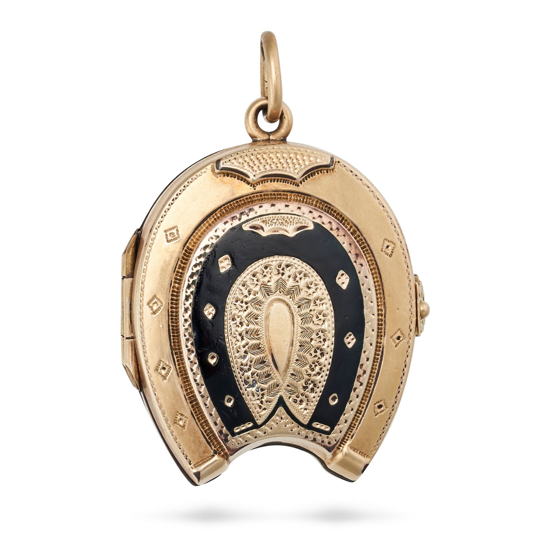 AN ANTIQUE ENAMEL HORSESHOE LOCKET PENDANT the hinged locket designed as a horseshoe accented by ...