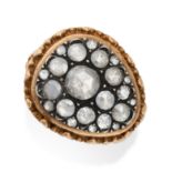 A DIAMOND CLUSTER RING in yellow gold, set with a cluster of rose cut diamonds, no assay marks, s...