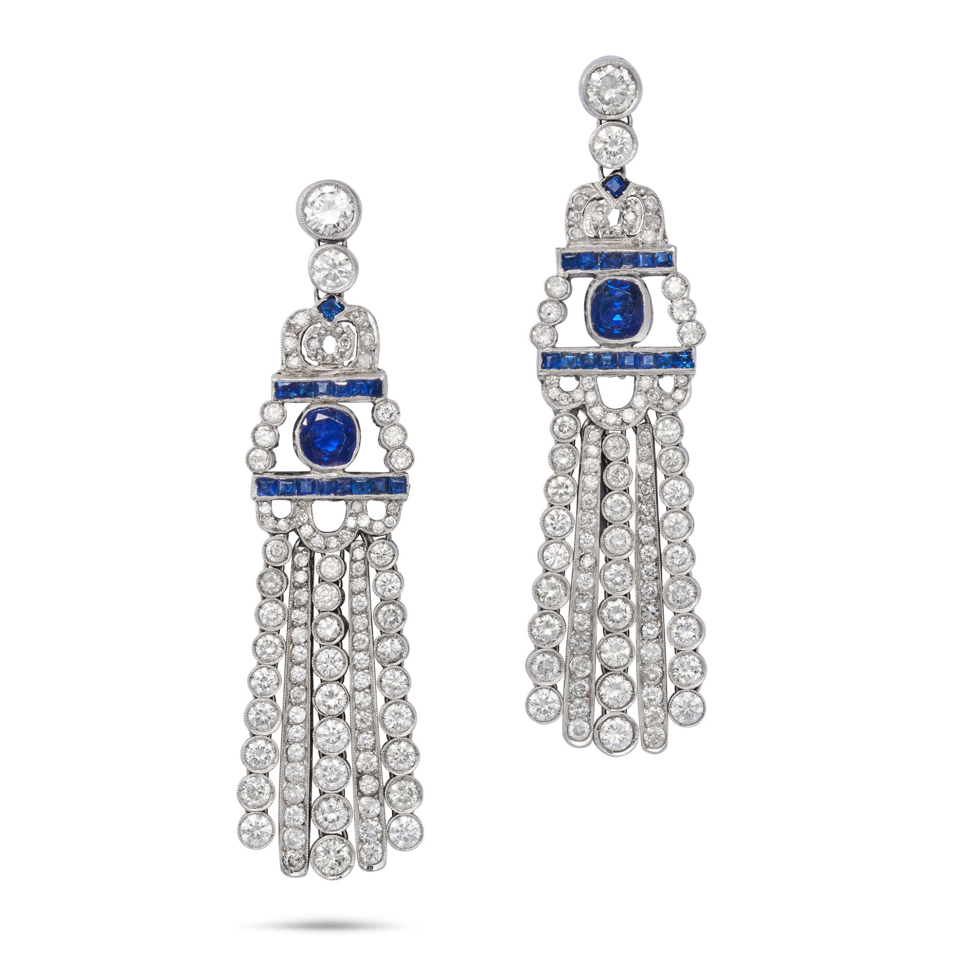 A PAIR OF SAPPHIRE AND DIAMOND TASSEL DROP EARRINGS in platinum, set throughout with round brilli...