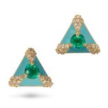A PAIR OF EMERALD, DIAMOND AND ENAMEL EARRINGS in 14ct yellow gold, each set with a round cut eme...