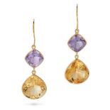 A PAIR OF AMETHYST AND CITRINE DROP EARRINGS in 18ct yellow gold, each set with a fancy cut ameth...