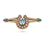 AN ANTIQUE TURQUOISE AND PEARL BROOCH in yellow gold, designed as a horseshoe set with pearls, ac...