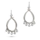 A PAIR OF DIAMOND DROP EARRINGS in white gold, each comprising a pear shaped hoop set with round ...