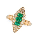 AN ANTIQUE EMERALD AND DIAMOND NAVETTE RING in yellow gold, the navette face set with oval and re...
