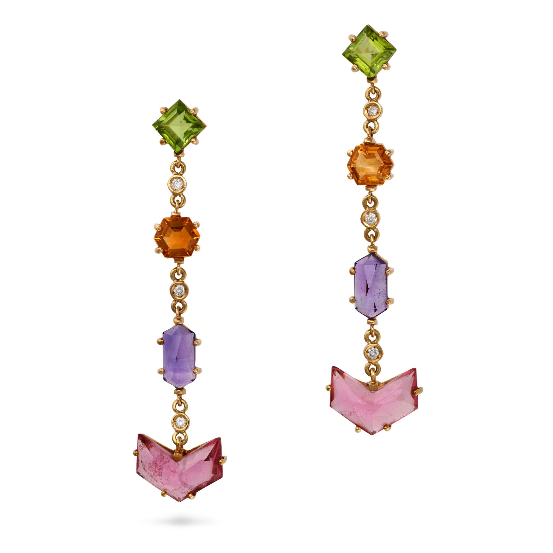 A PAIR OF PERIDOT, CITRINE, AMETHYST, PINK TOURMALINE AND DIAMOND DROP EARRINGS in 18ct yellow go...