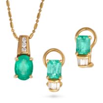 AN EMERALD AND DIAMOND NECKLACE AND EARRINGS in 18ct yellow gold, the earrings set with an octago...