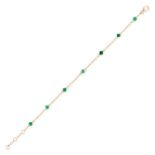 AN EMERALD BRACELET in 14ct yellow gold, comprising a trace chain set with round cut emeralds, st...