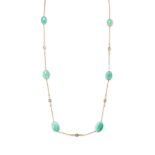 AN ANTIQUE AMAZONITE SAUTOIR NECKLACE in yellow gold, the fancy link chain set with six amazonite...