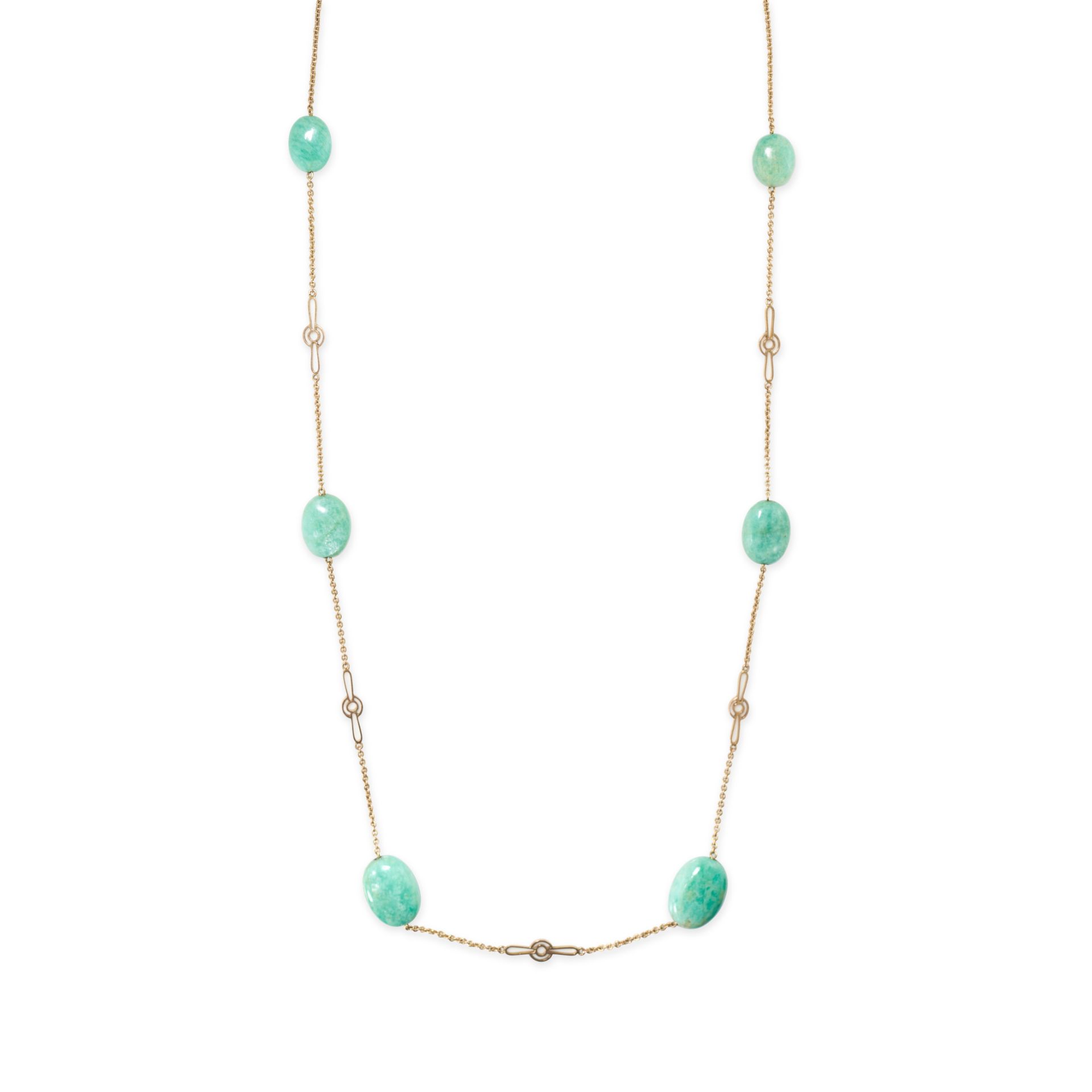 AN ANTIQUE AMAZONITE SAUTOIR NECKLACE in yellow gold, the fancy link chain set with six amazonite...