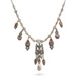 AN ANTIQUE NATURAL PEARL AND TOPAZ NECKLACE in yellow gold and silver, comprising a row of fancy ...