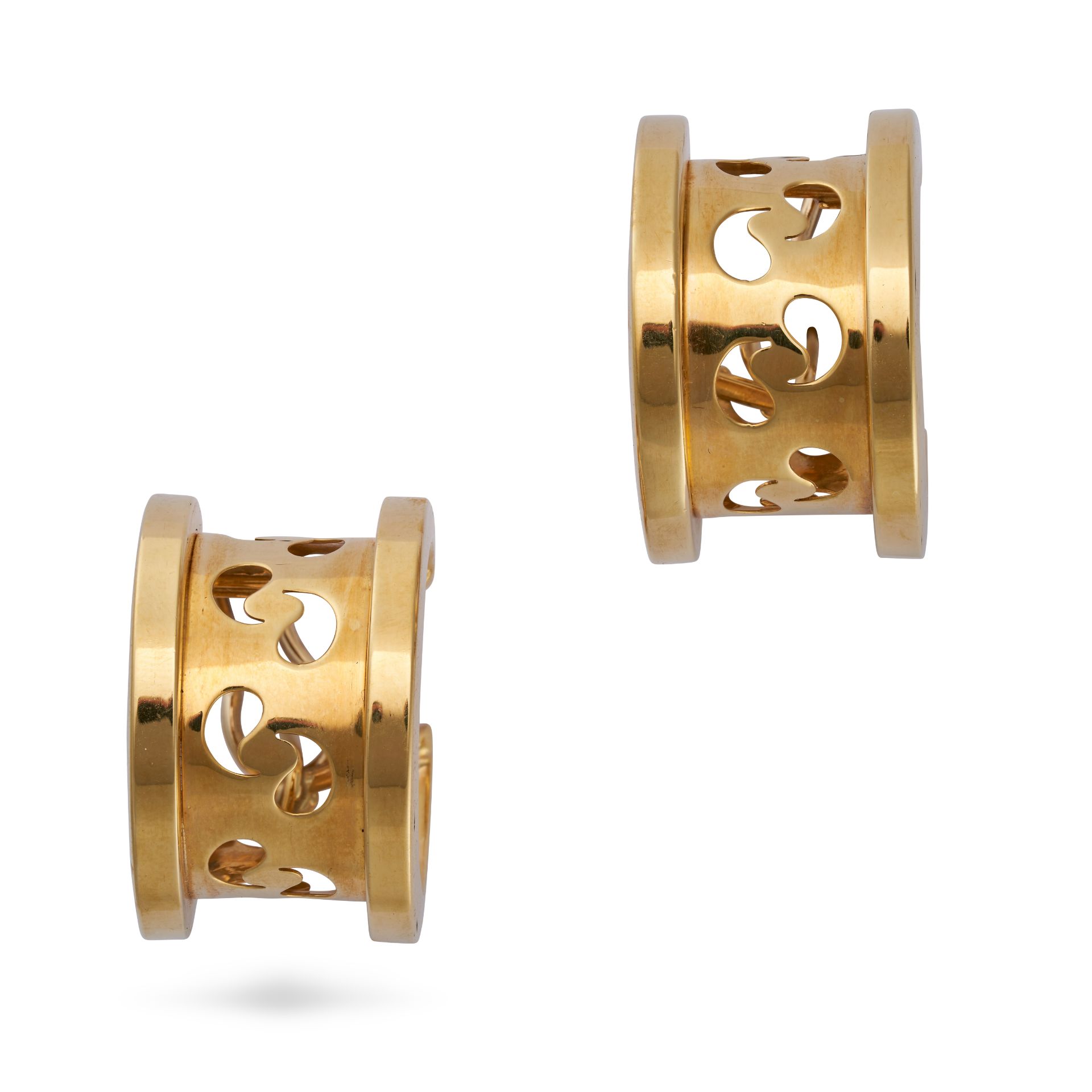 A PAIR OF GOLD HOOP EARRINGS in 18ct yellow gold, each hoop with a central cut out design, stampe...