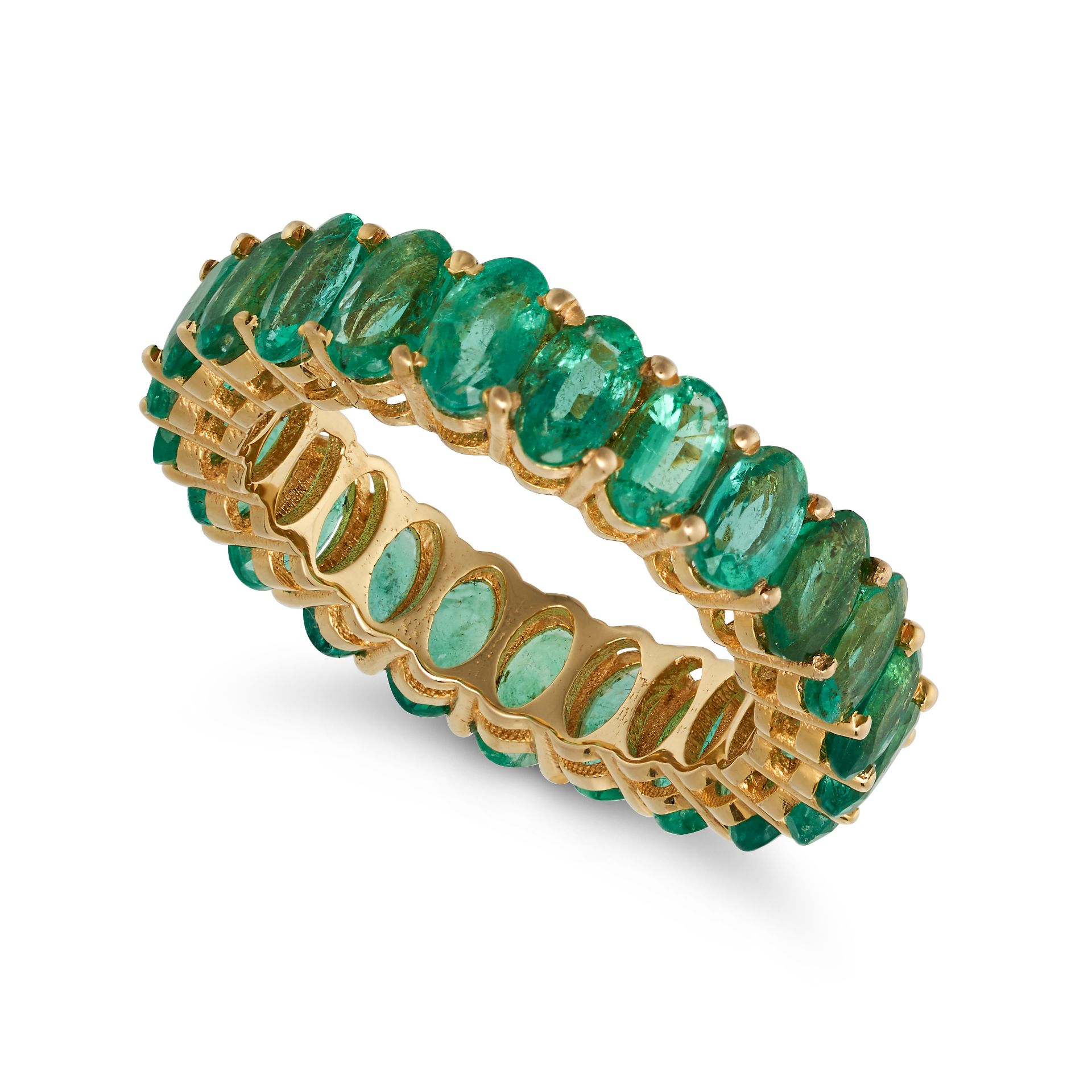 AN EMERALD ETERNITY RING in 14ct yellow gold, set all around with a row of oval cut emeralds, sta...