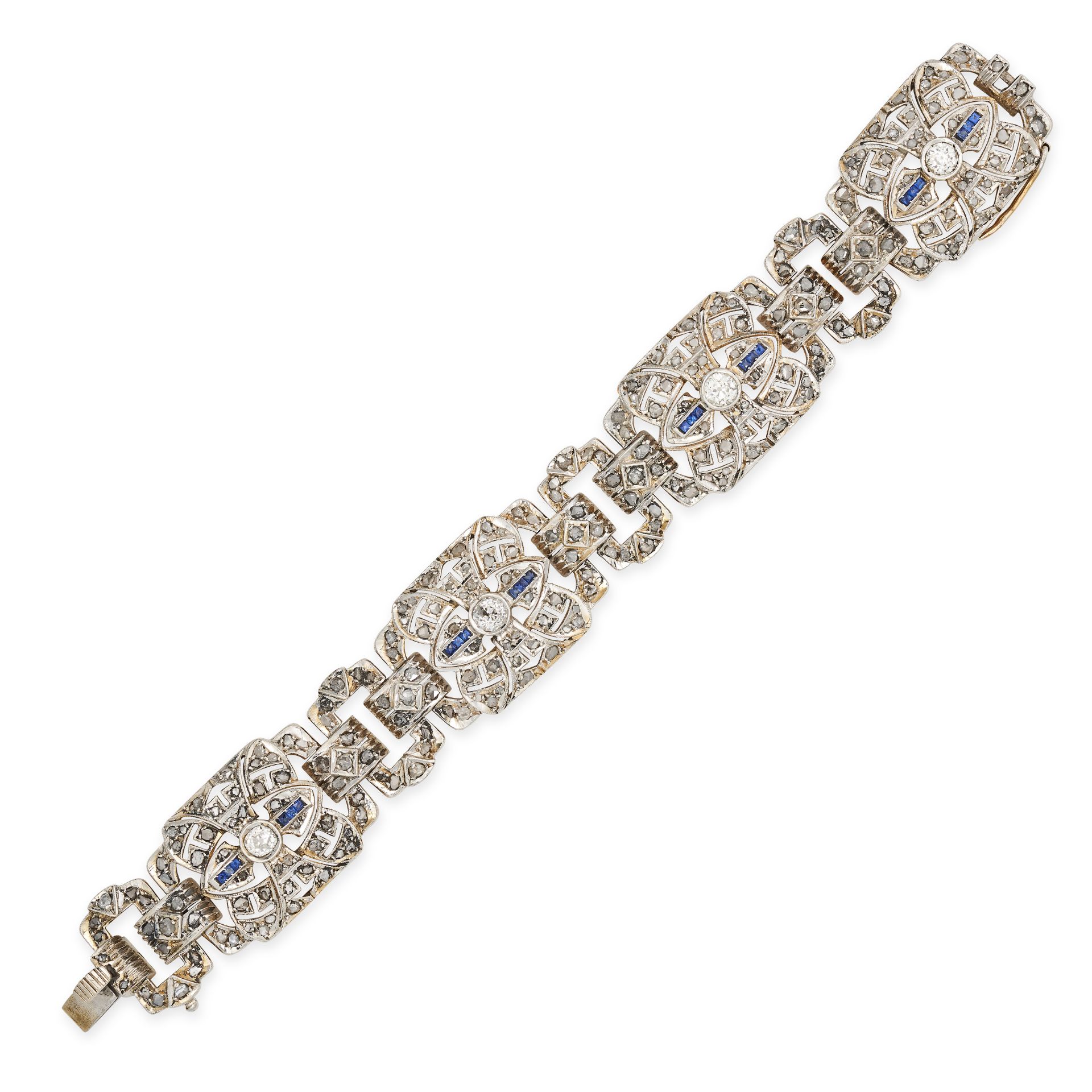 AN ART DECO DIAMOND AND SAPPHIRE BRACELET in yellow and white gold, comprising a row of eight ope...