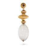 A ROCK CRYSTAL PENDANT in yellow gold, comprising a row of fluted gold beads suspending a carved ...