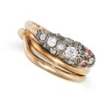 AN ANTIQUE RUBY AND DIAMOND SNAKE RING, 19TH CENTURY in yellow gold and silver, designed as a coi...