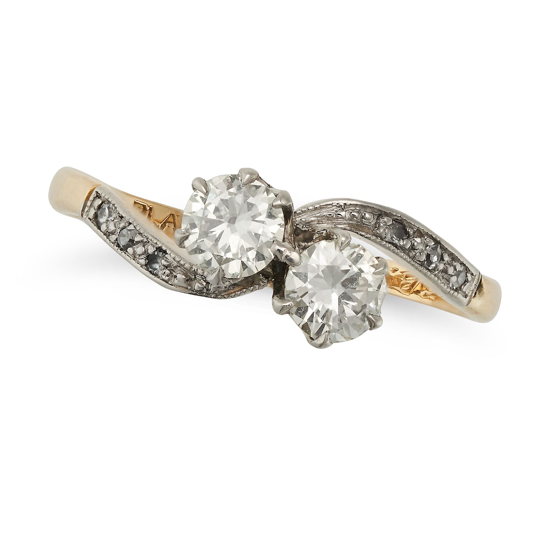 A DIAMOND TOI ET MOI RING in 18ct yellow gold and platinum, set with two round brilliant cut diam...