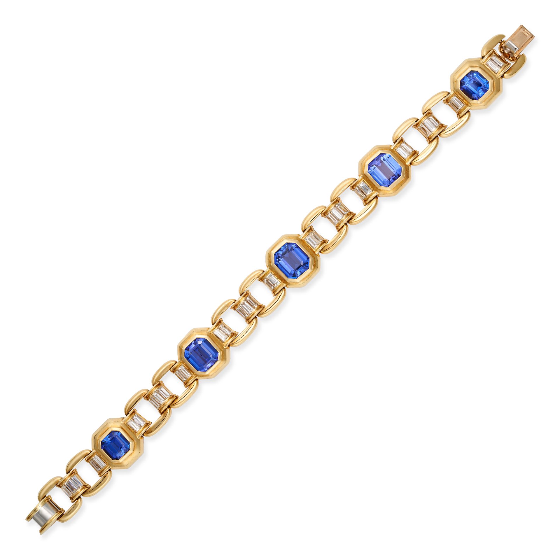 BOODLES, A TANZANITE AND DIAMOND BRACELET in 18ct yellow gold, comprising five octagonal links se...