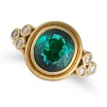 TEMPLE ST. CLAIR, A GREEN TOURMALINE AND DIAMOND RING in 18ct yellow gold, set with an oval cut g...