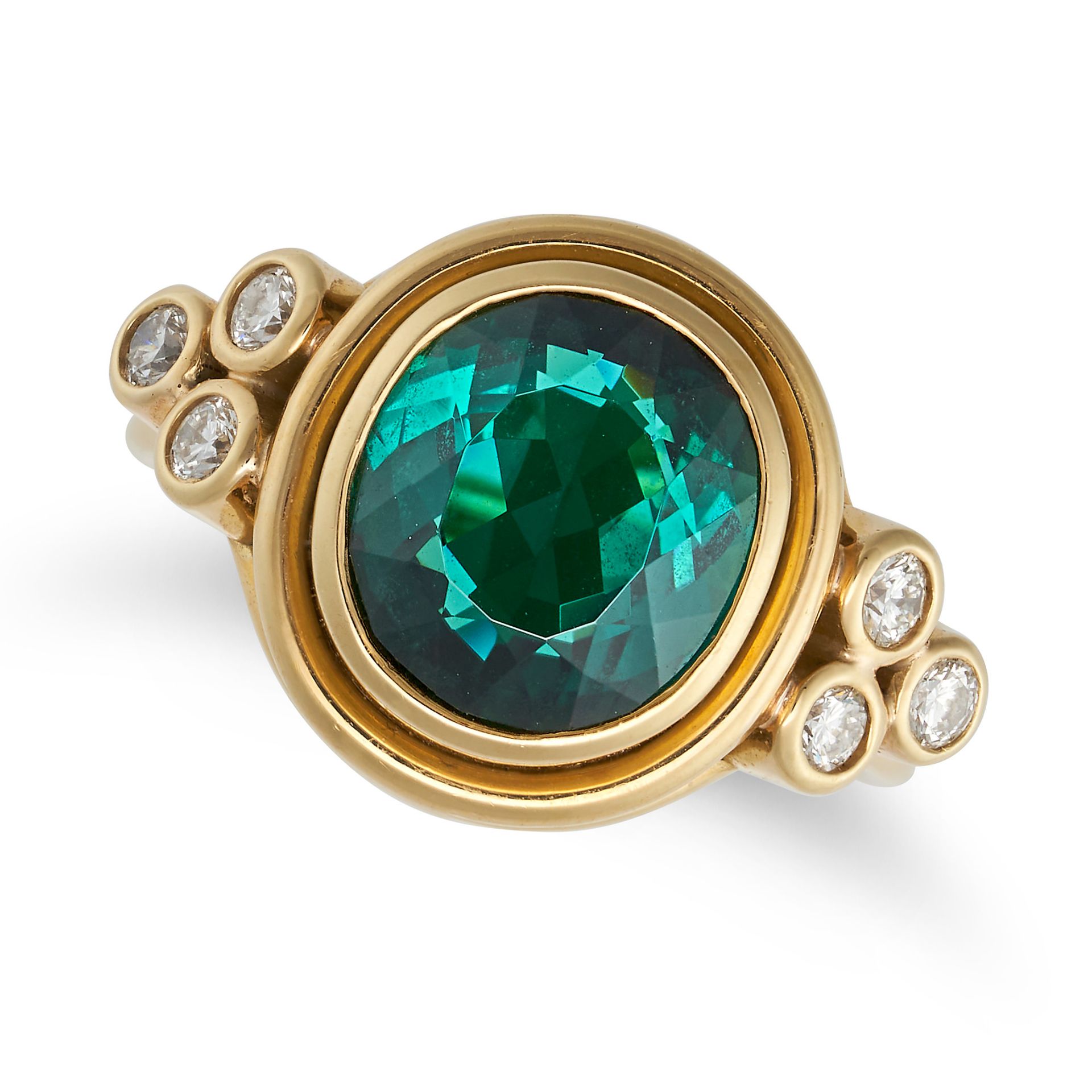 TEMPLE ST. CLAIR, A GREEN TOURMALINE AND DIAMOND RING in 18ct yellow gold, set with an oval cut g...